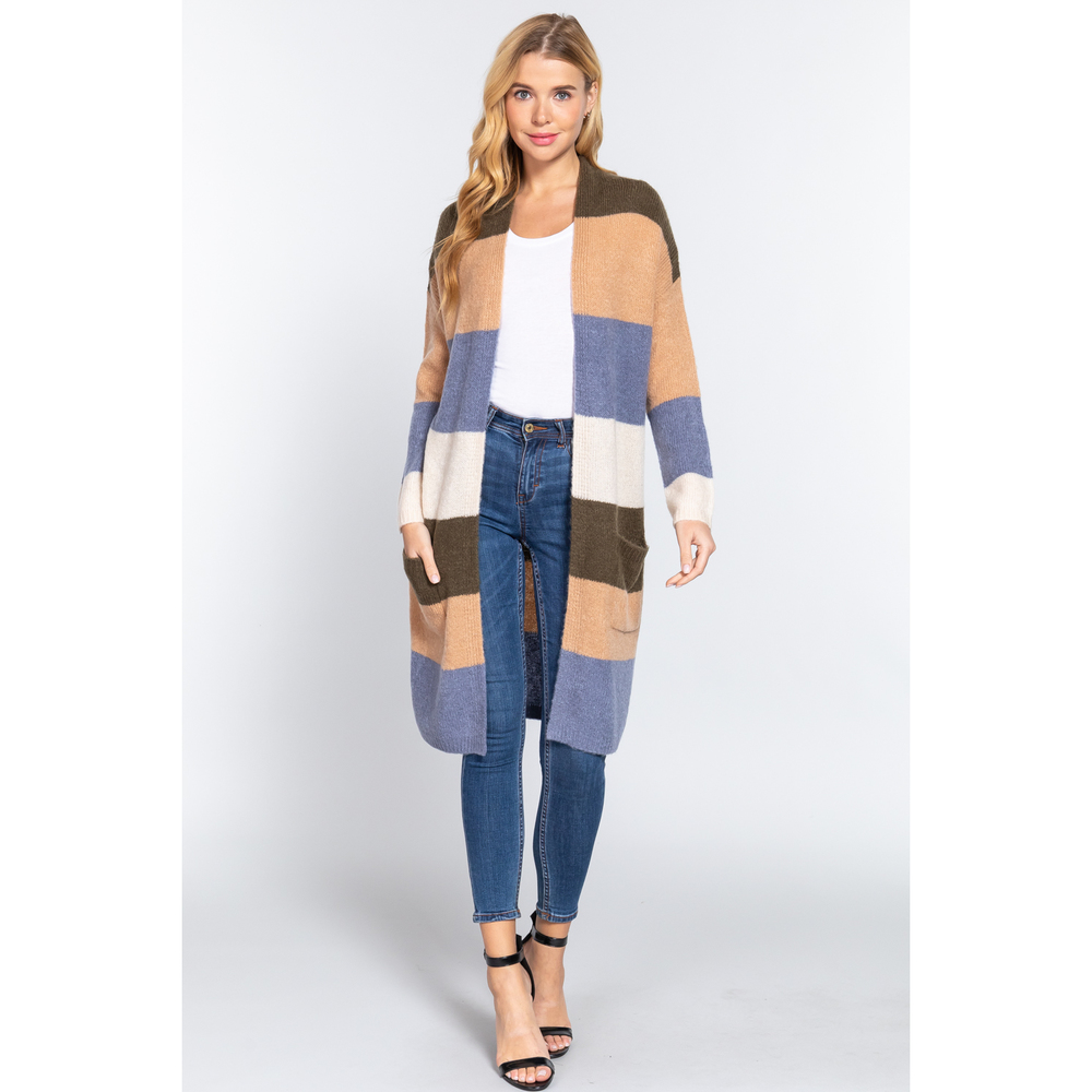 Open Front Color Block Cardigan - Picture 2 of 7